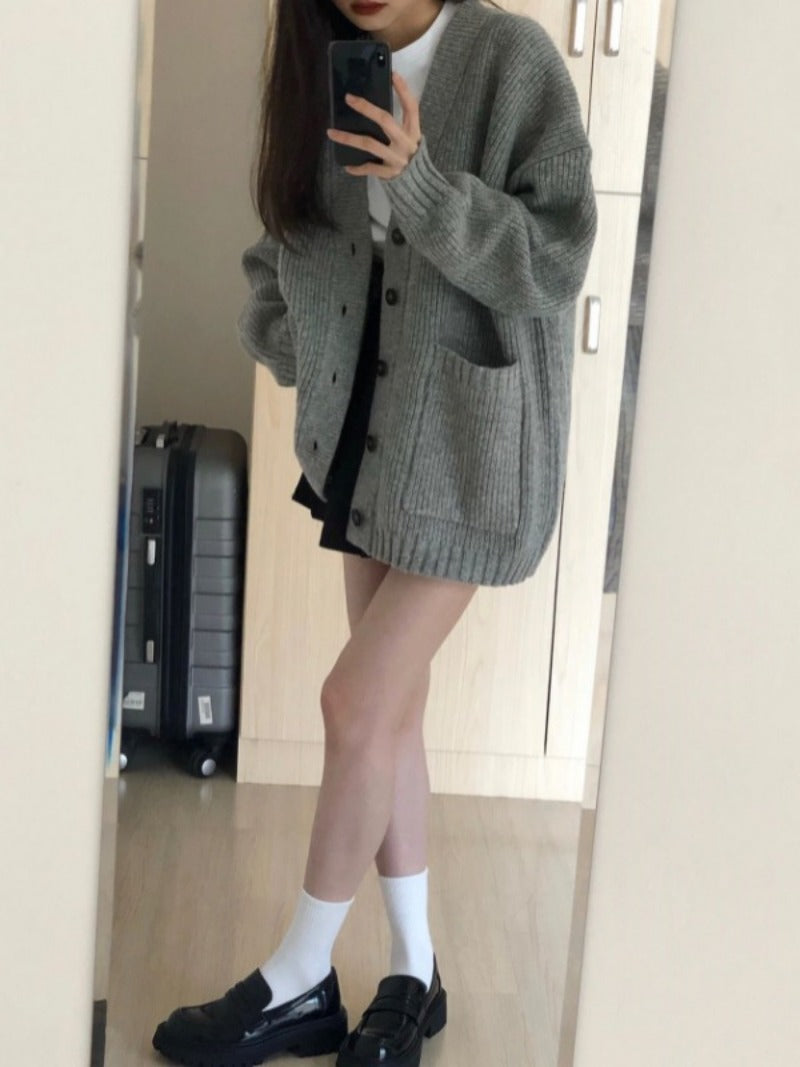 Autumn Winter Women’s Cardigan Sweater Coat – Fashion Long Sleeve V-Neck, Loose Fit Knitted Jacket, Casual Sweater Cardigan