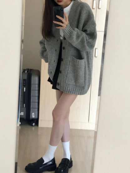Autumn Winter Women’s Cardigan Sweater Coat – Fashion Long Sleeve V-Neck, Loose Fit Knitted Jacket, Casual Sweater Cardigan