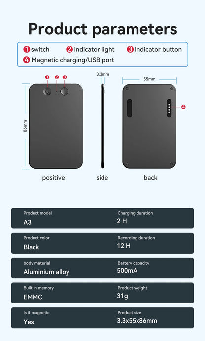 AI-Powered ChatGPT-4 Phone Call Recorder – Mini Audio Voice Recorder, Transcribe & Summarize, 58 Language Translator, Audio Dictaphone