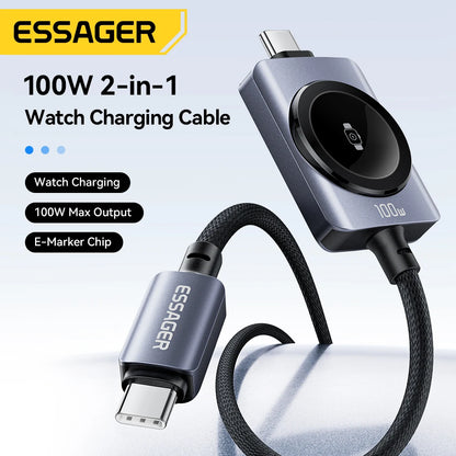 Essager 100W 2-in-1 Magnetic Charging Cable - USB-C to USB-C Fast Charger for iPhone & Apple Watch