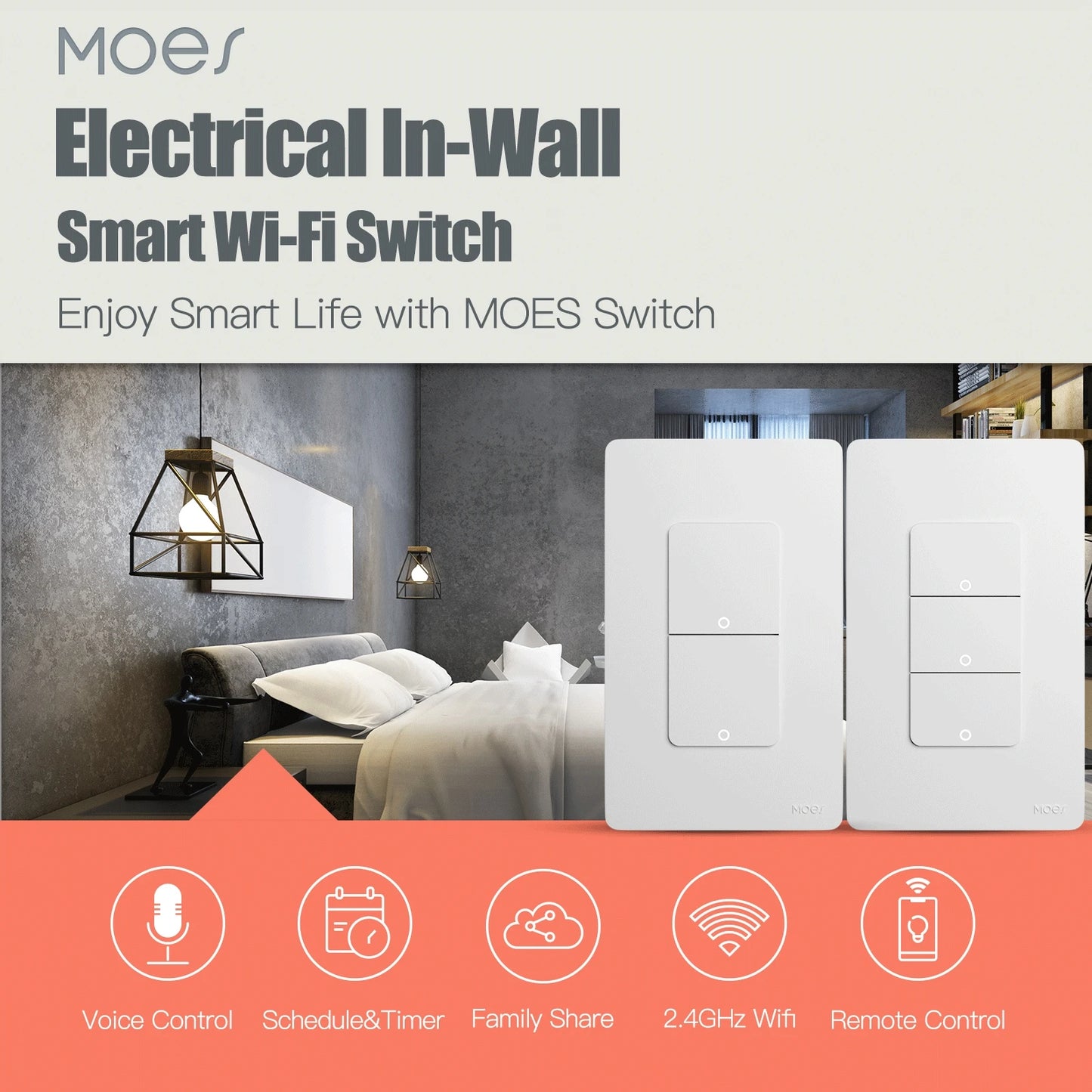 MOES Tuya Wi-Fi Smart Light Switch – US Single Pole Push Button Wall Switch, Alexa & Google Home Compatible, Neutral Wire Required