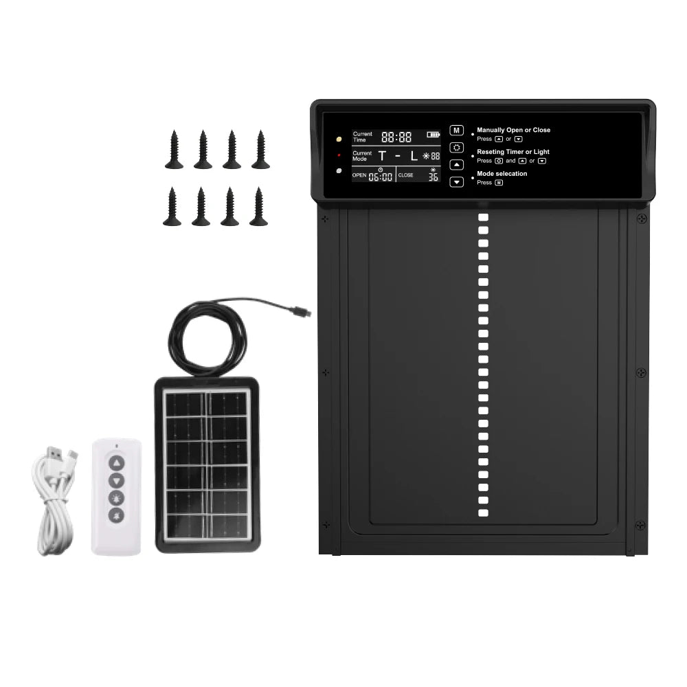Solar-Powered Auto Chicken Coop Door – Automatic with USB Charging, 4 Modes, Timer & Light Sensor
