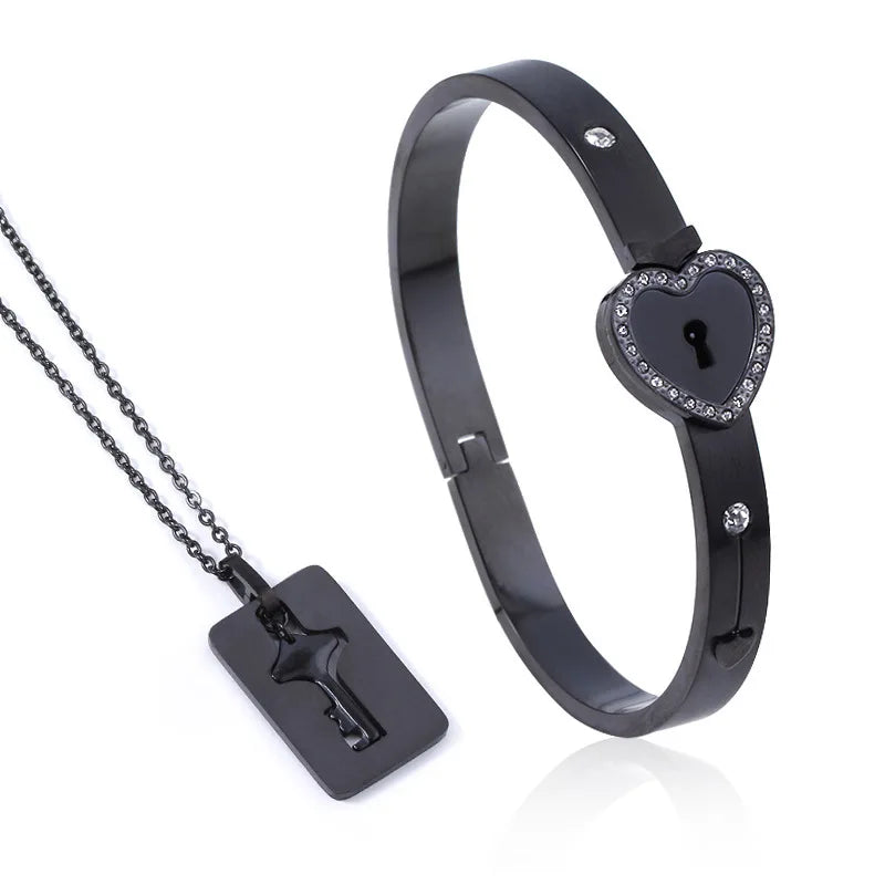 Couple Stainless Steel Love Lock Bracelet & Key Pendant Necklace – Romantic Jewelry Gift for Men and Women
