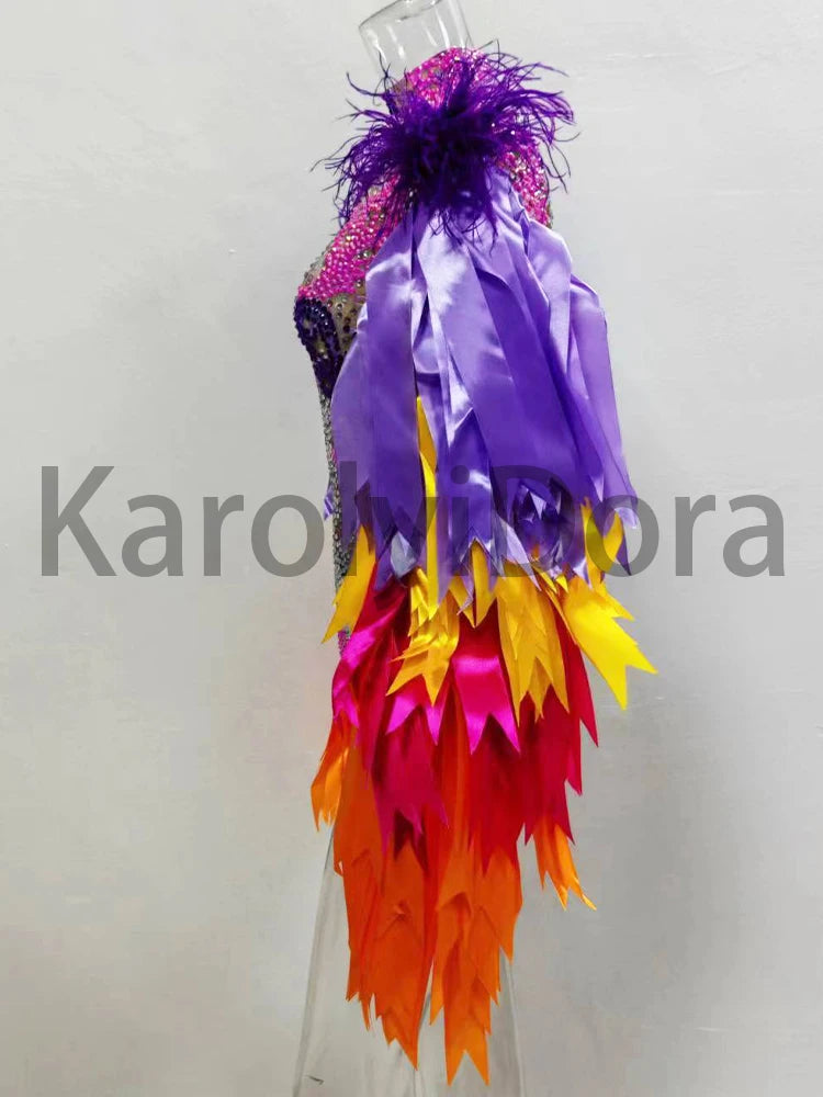 Colorful Feather Sleeve Rhinestone Bodysuit – Women’s Nightclub Party Dance Performance Costume