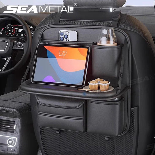 SEAMETAL 8 in 1 Car Seat Back Storage Bag – Foldable Tray, Waterproof & Wear-Resistant Organizer with Tissue & Cup Holder