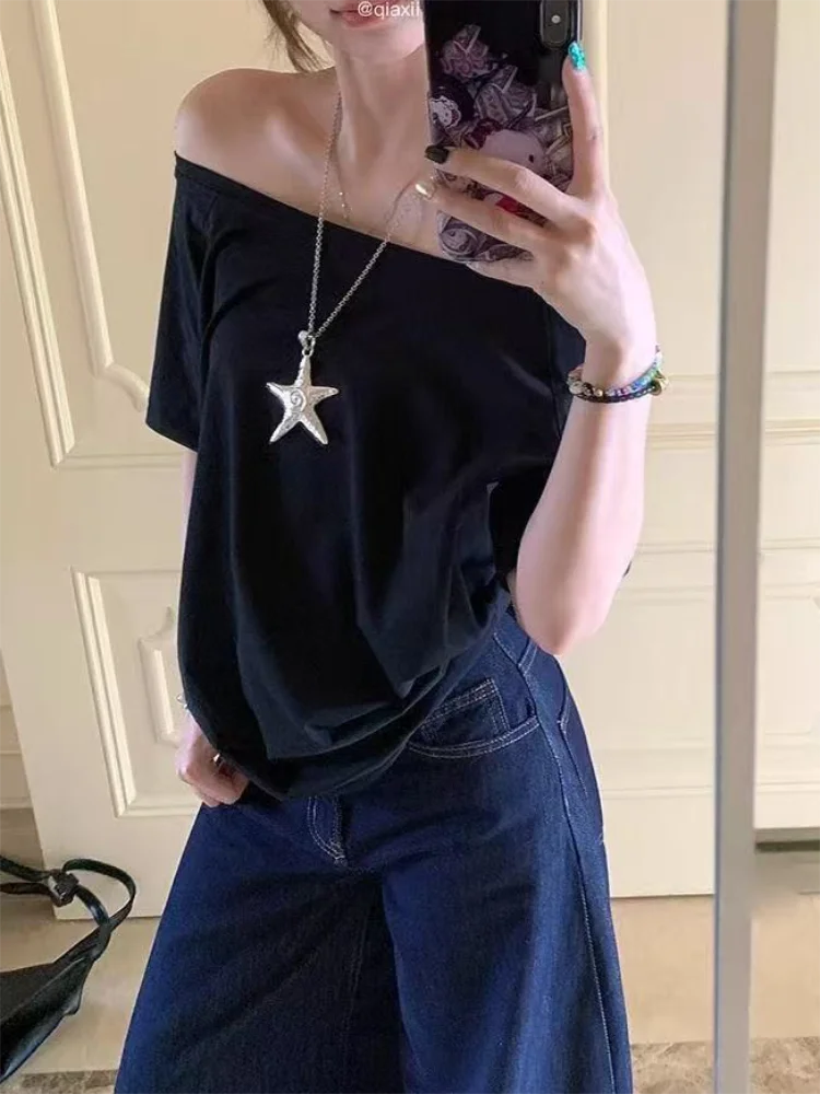 Off Shoulder Solid T-Shirt for Women - Casual Loose Summer Street Style Top