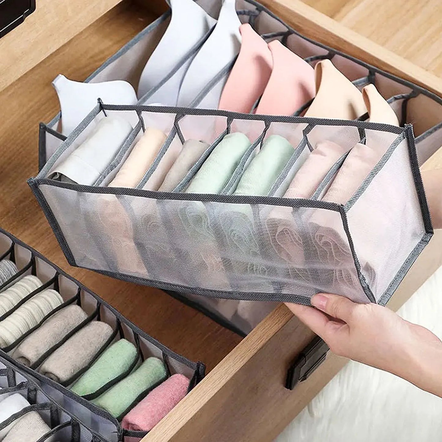 6/7/11-Grid Foldable Underwear & Socks Organizer — Breathable Mesh Clothes Storage Box with Dividers for Wardrobe