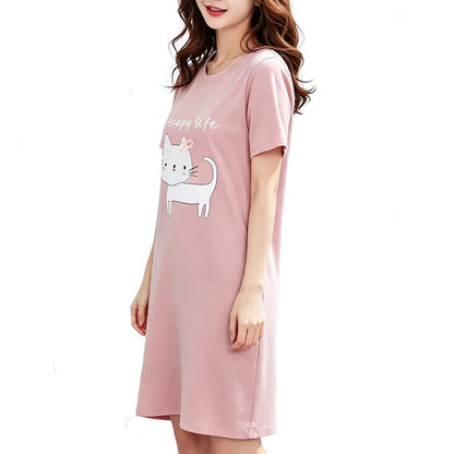 Women’s Cute Cat Nightgown - Plus Size Summer Cartoon Nightdress & Comfortable Sleepwear