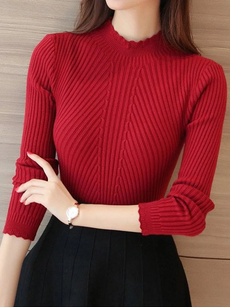 2024 Autumn Women's Mock Neck Ruffles Sweater - Long Sleeve Knitted Solid Pullover with Stripe Design for Casual Winter Wear