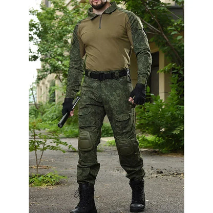 Men’s RU Camo Tactical Outfit Set - 2-Piece Breathable Long Sleeve Shirt and Multi-Pocket Cargo Pants for Outdoor Training and Combat Wear