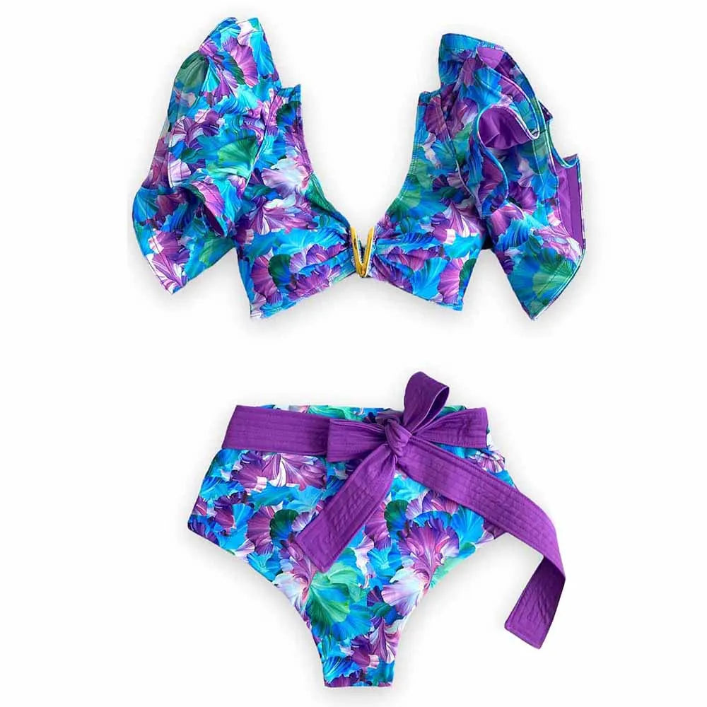 Sporlike V-Neck Ruffled Bikini Set – High Waist Sexy Printed Two-Piece Swimsuit for Women 2025