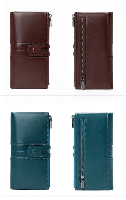 RFID Blocking Large Capacity Wallet – Soft Leather Solid Color Clutch, Multi-Functional Zipper Purse for Women & Men