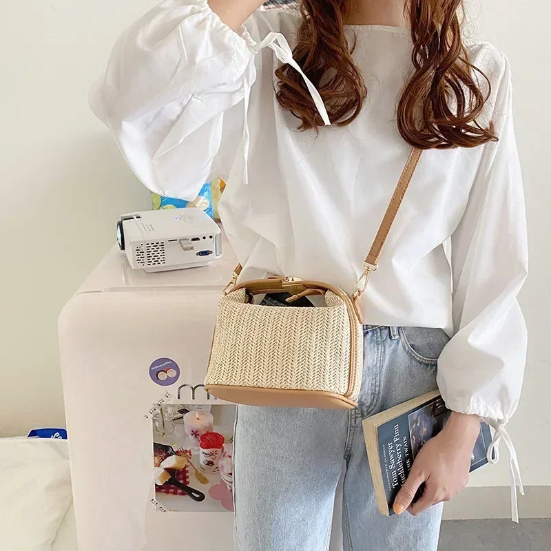 Summer Small Straw Handbag — Trendy Woven Bucket Crossbody Shoulder Bag, Casual Beach Tote for Girls
