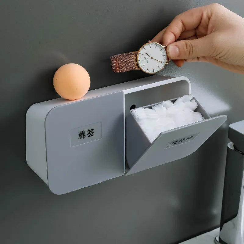 Wall-Mounted Bathroom Organizer - Plastic Swab and Cotton Pads Storage Holder with Tampon Container and Cosmetic Organizer