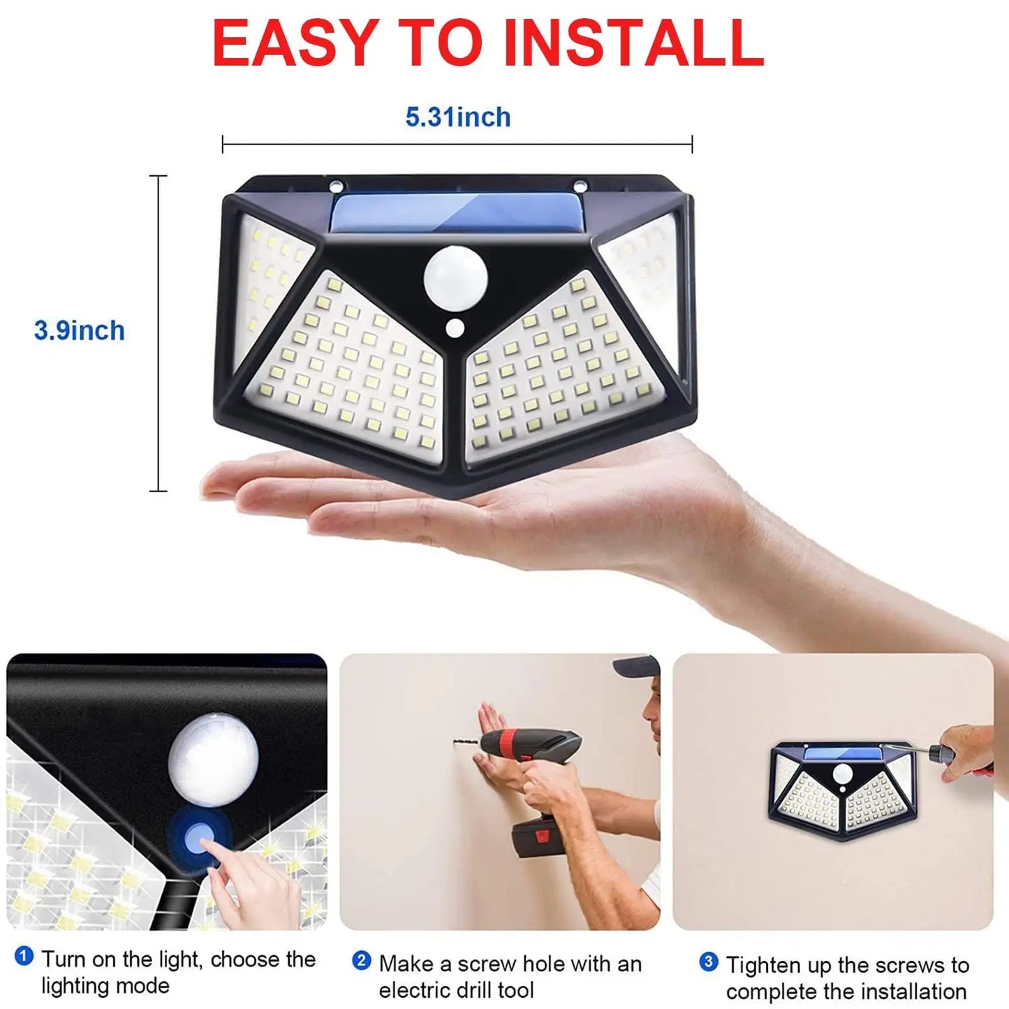 Solar Powered 100 LED Motion Sensor Outdoor Wall Light, Waterproof Security Lamp for Garden, Fence, Yard & Pathway Lighting