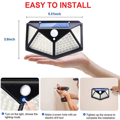 Solar Powered 100 LED Motion Sensor Outdoor Wall Light, Waterproof Security Lamp for Garden, Fence, Yard & Pathway Lighting