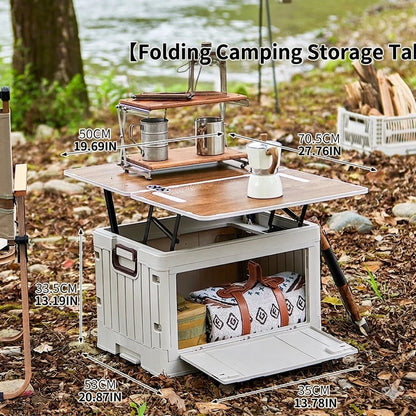Folding Storage Box - Flat Outdoor Camping, Trunk Organizer & Gift Storage Box with Wooden Lid
