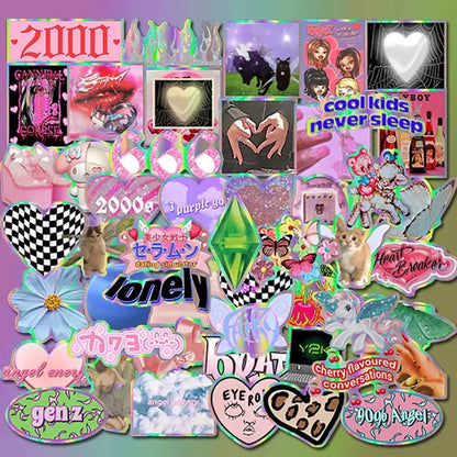 50PCS Y2K Pink Girl Stickers - Cute Laser Decals for Laptops, Phones, Suitcases & Scrapbooks