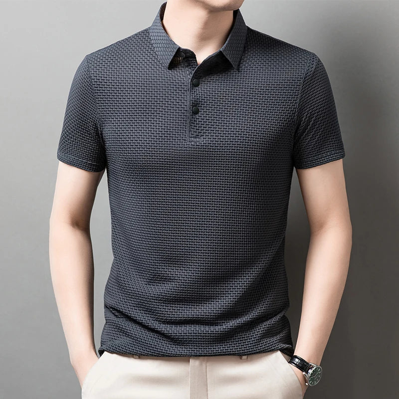 Men’s Business Casual Short Sleeve Polo — Solid Color Floral Summer Shirt, Breathable & Comfortable