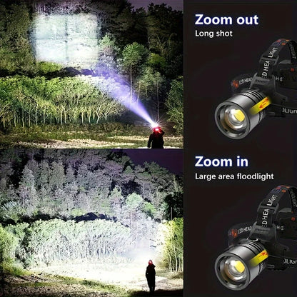 Powerful Rechargeable LED Headlamp – High Lumen Zoomable Telescopic Headlight, Waterproof Outdoor Work Head Torch with Adjustable Beam for Camping & Night Use