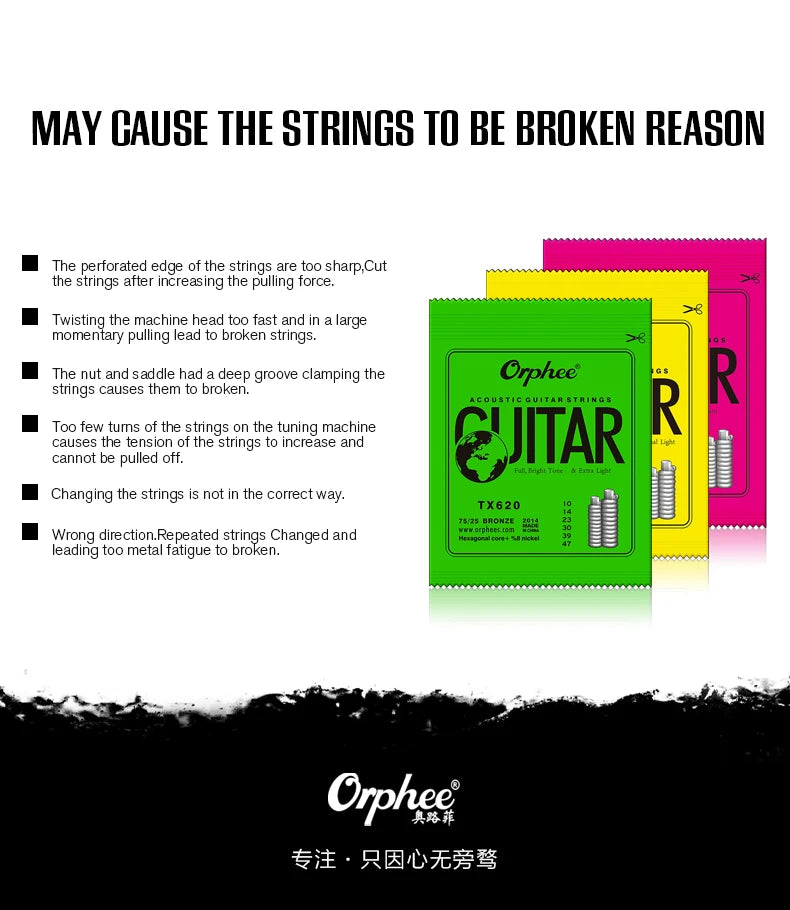 Orphee Acoustic Guitar Strings – 6Pcs/Set, Hexagonal Core, Full Bright Tone, TX620/TX630/TX640, Folk Guitar Accessories