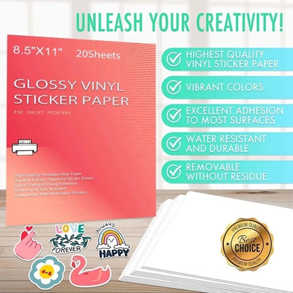 20 Sheets Printable Vinyl Sticker Paper: Glossy White Matte for Inkjet & Laser Printers - Waterproof Decal Paper, Self-Adhesive, 8.5x11 Inches