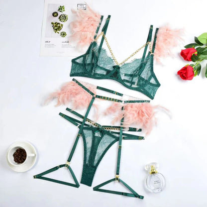 Sexy Lace G-String Lingerie Set - Feather Detail Trikini with Metal Chain and Garter Belt