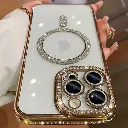 Glitter Diamond Clear Magnetic iPhone Case - Transparent Bumper Cover with Wireless Charging Support for iPhone 12–18 Pro Max & Plus