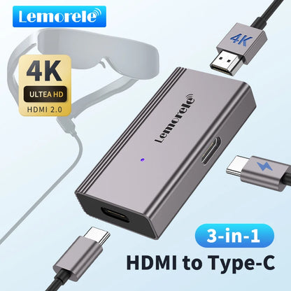 Lemorele 4K HDMI to USB-C AR Glasses Adapter – Type-C Video Converter & Charging Cable for Xreal Air, Rokid & Switch Compatible