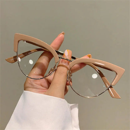 New Vintage Cat Eye Glasses Frame, Stylish Semi-Metal Rim Women’s Eyewear, Trendy Brand Design Non-Prescription Eyeglasses