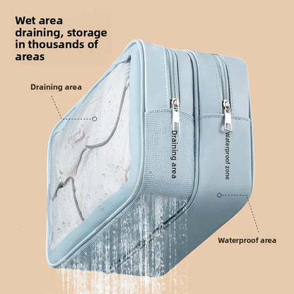 Waterproof Large Capacity Travel Cosmetic Bag – Portable Shower Makeup Organizer with Separate Wet & Dry Compartments