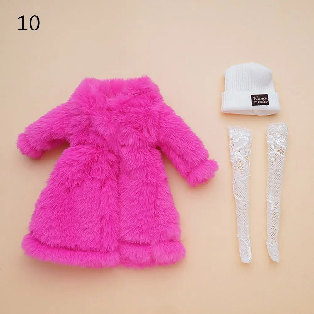 30CM Doll Clothes Set – Fashion Tops, Fur Overcoat, Knitted Hat & Colorful Lace Stockings for 1/6 BJD Doll Accessories