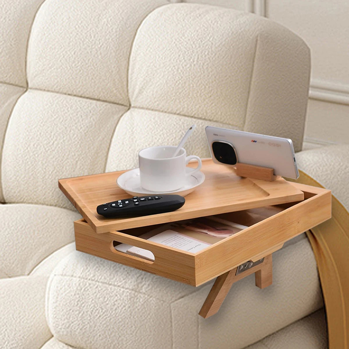 Sofa Armrest Tray with Storage Box – Bamboo Couch Arm Table with 360° Rotating Top & Phone Stand