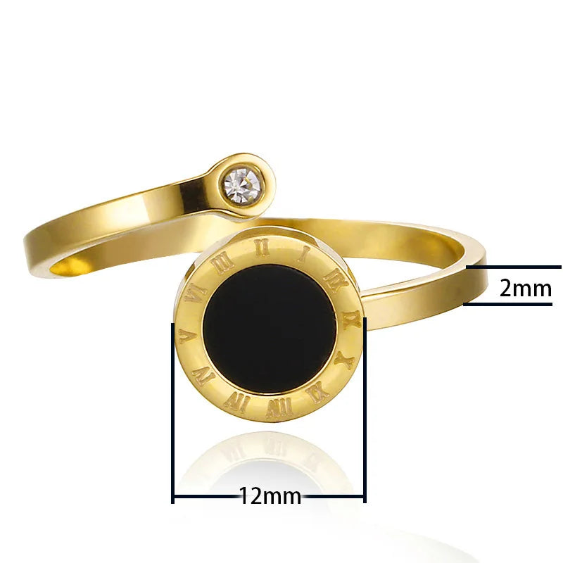 RAKOL 316L Stainless Steel Roman Numeral Ring – Black Shell Adjustable Zircon Tail Ring for Women, Fashion Jewelry
