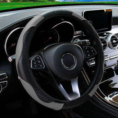 PU Carbon Fiber Leather Steering Wheel Cover — No Inner Ring, Fits 14.5-15 Inch Cars