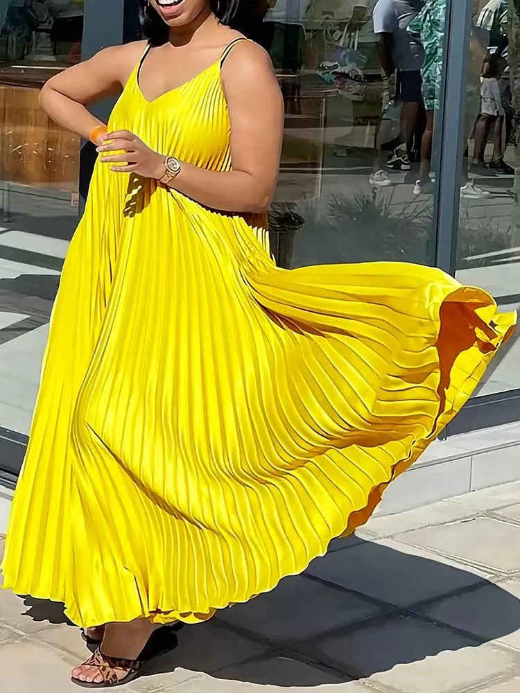 Women’s Summer Sleeveless V-Neck Dress – Elegant Pleated Loose Long Dress, Thin Straps, Plus Size