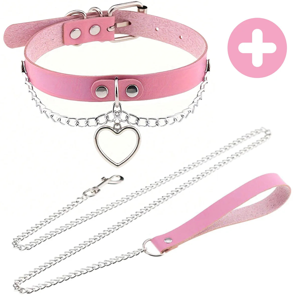 Pink Gothic Punk Collar Necklace - Cute Adjustable Couple Role-Play Choker with Matching Lanyard, Gift for Her