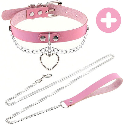Pink Gothic Punk Collar Necklace - Cute Adjustable Couple Role-Play Choker with Matching Lanyard, Gift for Her