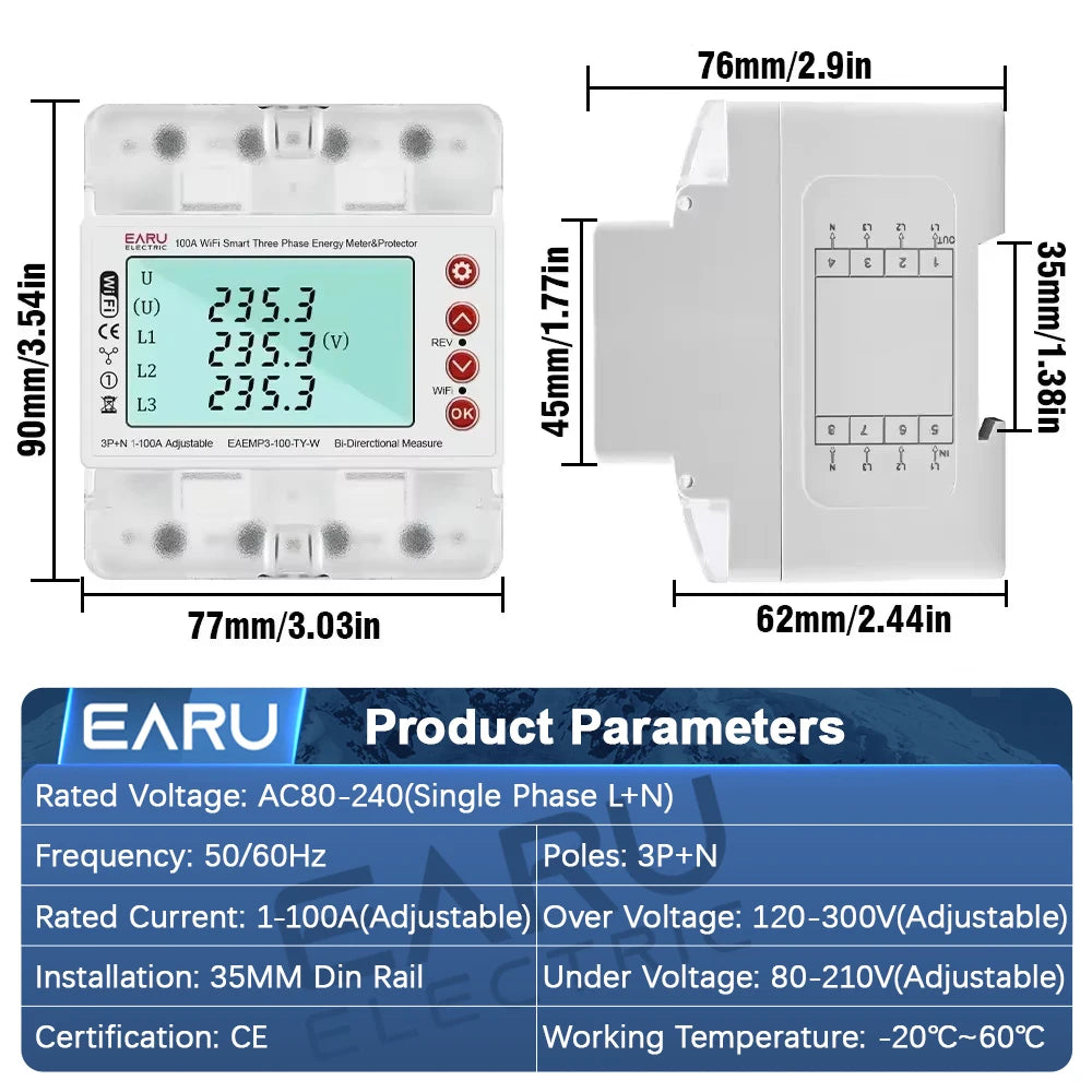 Tuya WiFi 3-Phase 380V Smart Energy Meter – Bi-Directional kWh Power Monitor with Over/Under Voltage Protection & Current Limit Relay Switch