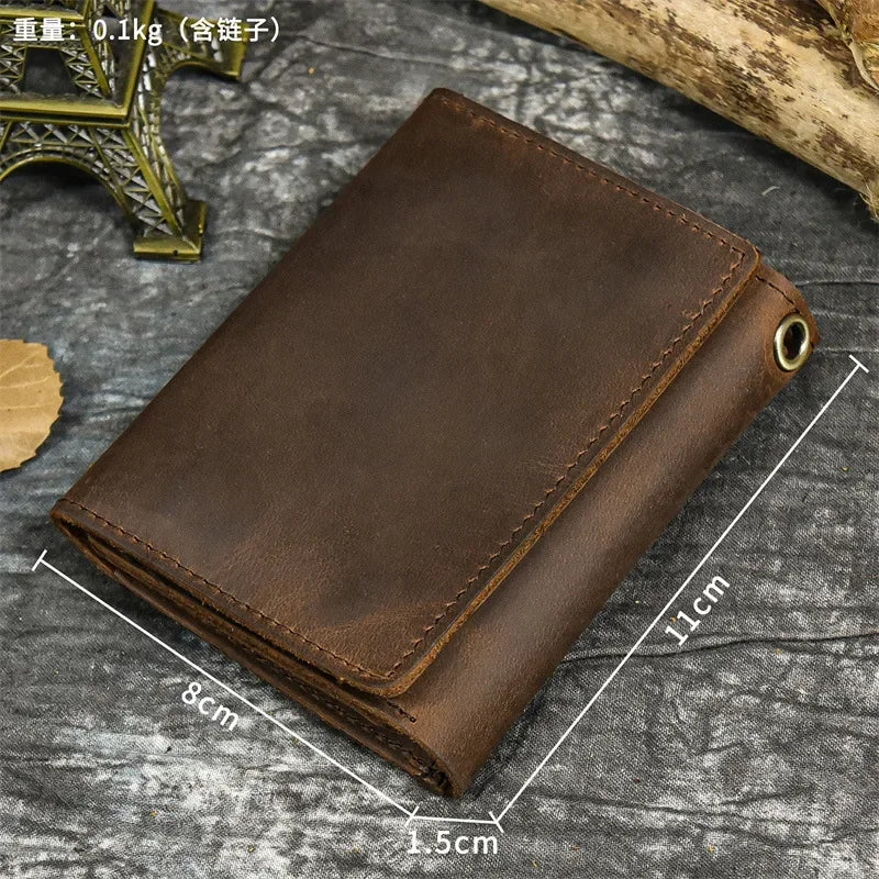 Men’s Genuine Leather Short Wallet with Chain – Trifold Zipper Clutch, Card Holder & Coin Purse