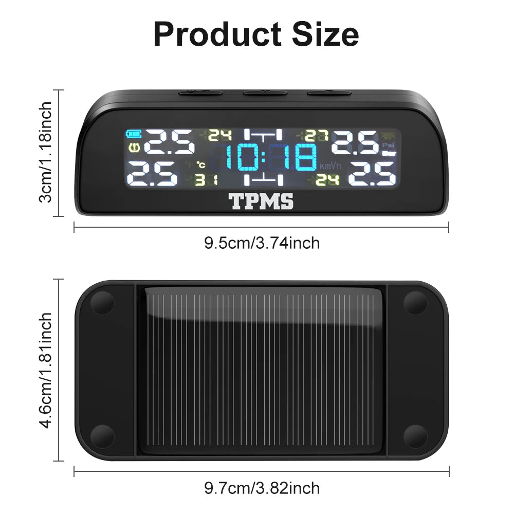 Solar TPMS Tire Pressure Monitoring System – 4-Wheel External Sensors with Temperature Alarm for Car Tyre Safety