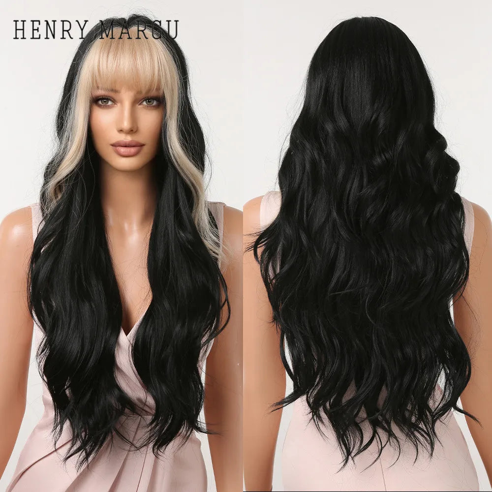 Ombre Honey Brown Long Synthetic Wig with Bangs — Wavy, Realistic, Soft, Heat-Resistant Hair for Daily & Party