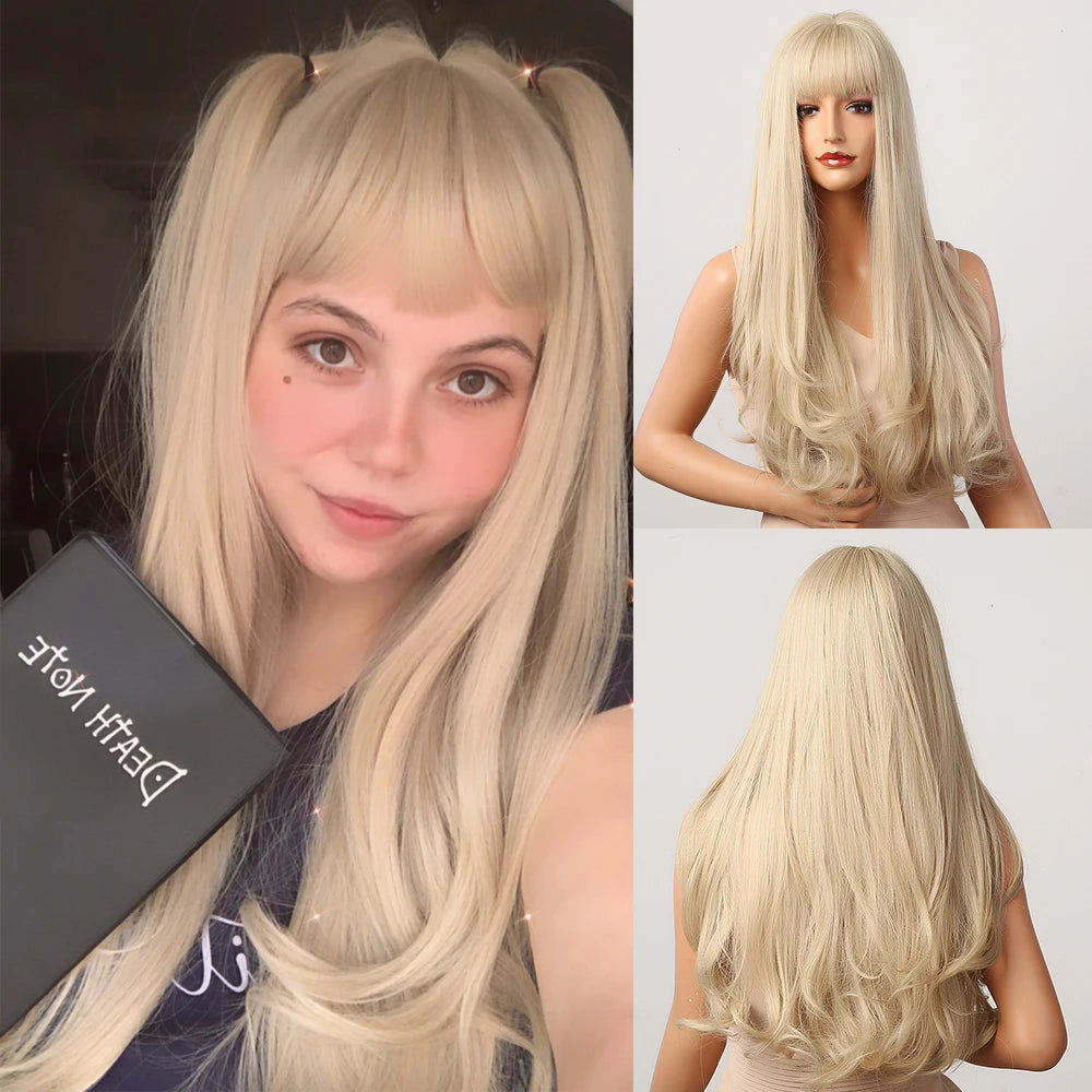 Ombre Honey Brown Long Synthetic Wig with Bangs — Wavy, Realistic, Soft, Heat-Resistant Hair for Daily & Party
