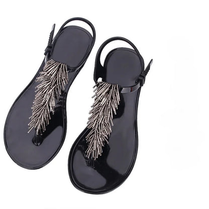 Women's Black Crystal PVC Flip-Flop Sandals – Low Heel Summer 2024 Luxury Footwear
