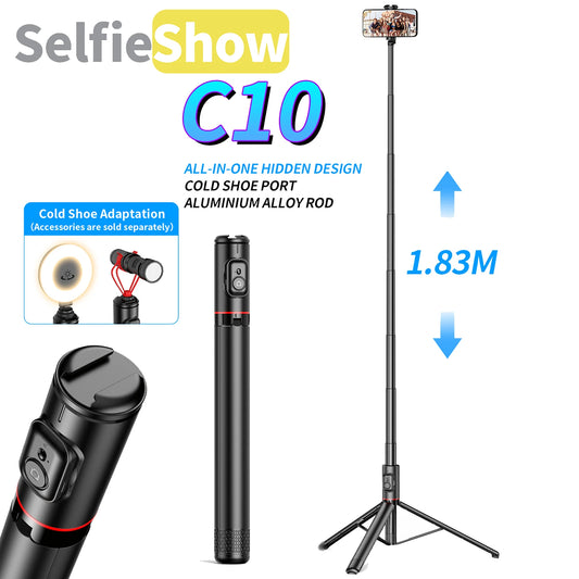 Selfieshow Wireless Selfie Stick – 72 Inch Portable Aluminum Alloy Tripod with Bluetooth Remote for iOS & Android Phones