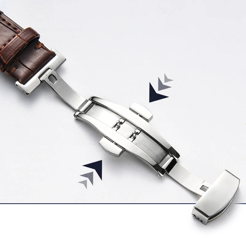 Genuine Leather Watch Strap with Wooden Box – Butterfly Clasp Bracelet 18-24mm Wristband