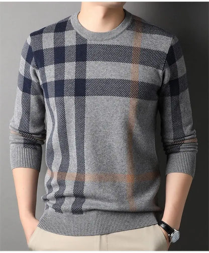 Luxury Men’s Knitted Wool Pullover – Autumn Winter O-Neck Striped British Casual Sweater