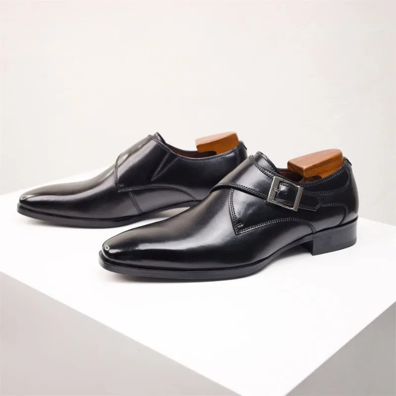 Men’s Genuine Leather Monk Strap Shoes - Single Buckle Classic Business & Wedding Dress Shoes