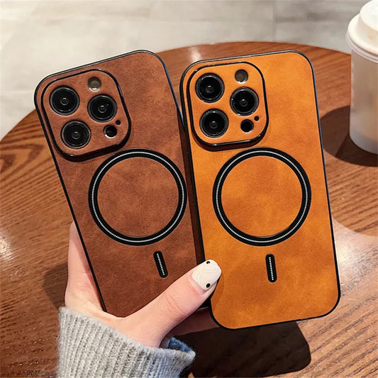 Luxury Cortex Leather Magnetic Phone Case - Wireless Charging Shockproof Bumper Cover for iPhone 12, 13, 14, 15, 16 & 17 Pro Max