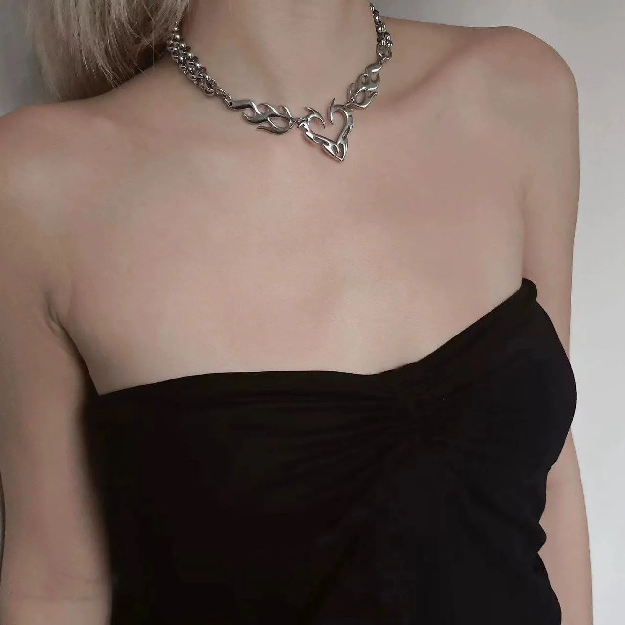 Y2K Punk Silver Flame Heart Pendant - Hip Hop Party Necklace Jewelry Gift for Women